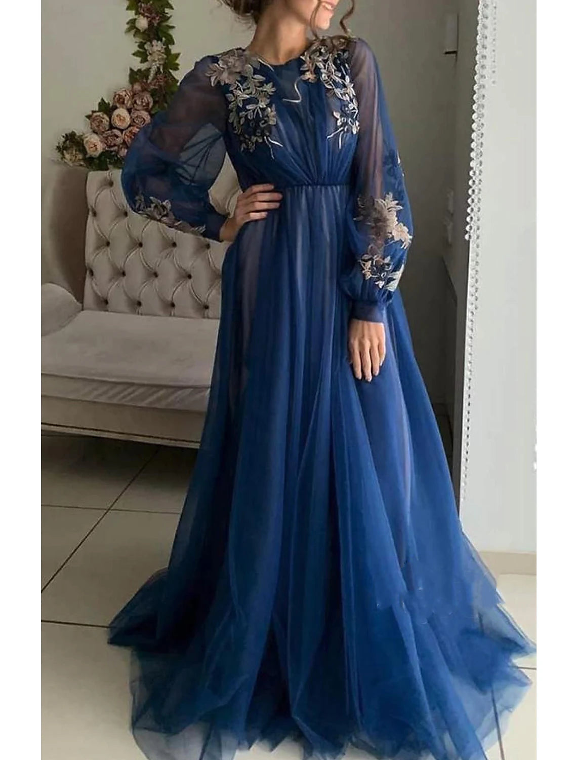 Wholesale A-Line Evening Gown Floral Dress Wedding Guest Birthday Sweep / Brush Train Long Sleeve Jewel Neck Tulle with Embroidery